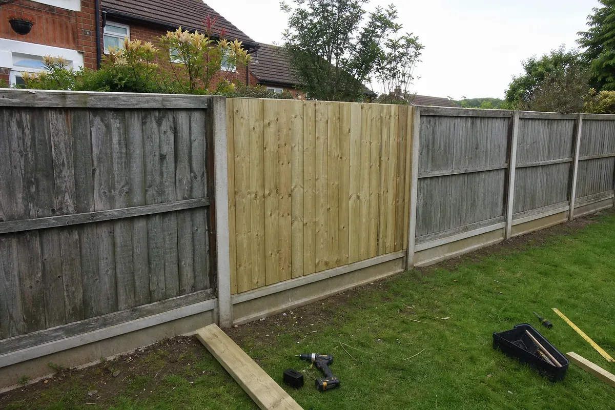 Damaged garden fence being repaired in Redditch